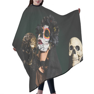Personality  Woman In Mexican Santa Muerte Costume Holding Skulls On Dark Green Background  Hair Cutting Cape