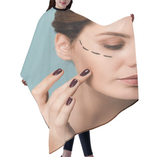 Personality  Cropped View Of Woman Touching Face With Marked Lines Isolated On Blue  Hair Cutting Cape
