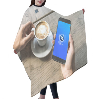 Personality  Cropped Shot Of Man With Cup Of Cappuccino Using Smartphone With Shazam App On Screen Hair Cutting Cape