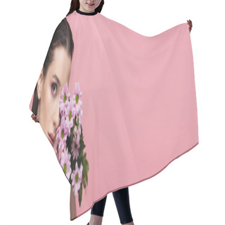 Personality  Young Sensual Woman Holding Flowers Isolated On Pink, Banner Hair Cutting Cape