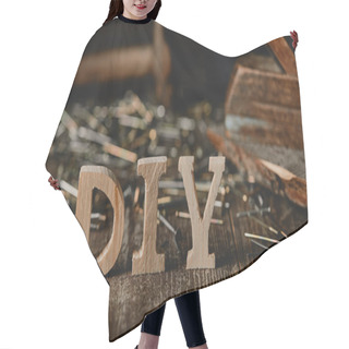Personality  Close Up Of Diy Sign On Dark Wooden Table On The Background Of Nails And Logs Hair Cutting Cape