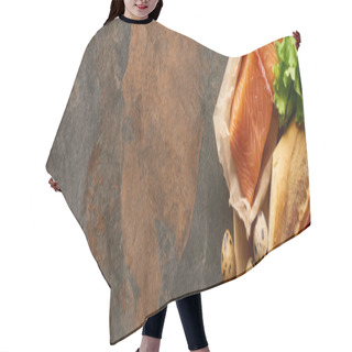 Personality  Panoramic Shot Of Wooden Cutting Board With Raw Salmon On Parchment Paper Near Quail Eggs, Baguette, Apple And Lettuce On Marble Surface Hair Cutting Cape