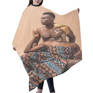 Personality  Sexy Naked Tribal Afro Woman Covered In Blanket Posing Near Man And Pineapple Isolated On Beige Hair Cutting Cape