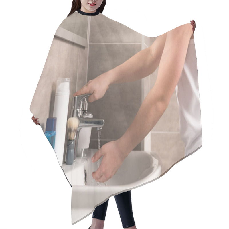 Personality  Cropped View Of Boy Washing Hands In Bathroom Hair Cutting Cape