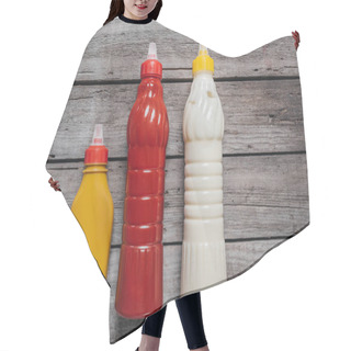Personality  Sauces At Bottles On Wooden Table Hair Cutting Cape