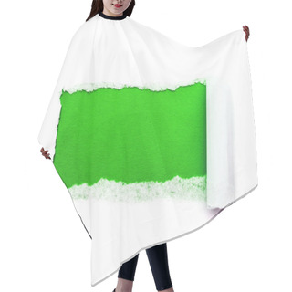 Personality  A Hole In White Paper With Torn Edges Isolated On A White Background With A Bright Green Color Paper Background Inside. Good Paper Texture Hair Cutting Cape