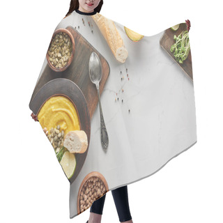 Personality  Top View Of Autumnal Mashed Pumpkin Soup Near Ingredients On Marble Surface Hair Cutting Cape