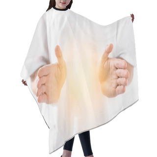 Personality  Cropped View Of Healer Cleaning Aura On White Hair Cutting Cape