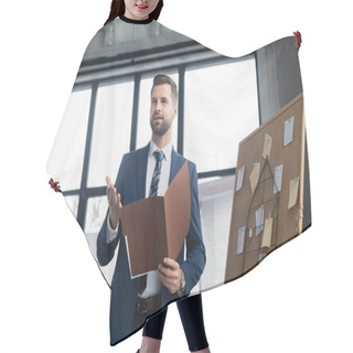 Personality  Economist With Folder Pointing With Hand And Talking Near Corkboard With Sticky Notes Hair Cutting Cape