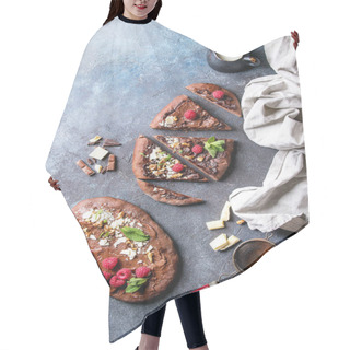Personality  Whole And Slised Homemade Dessert Chocolate Pizza With Different Chocolates, Raspberries And Mint Served On Ceramic Pale With Cloth And Ingredients Above Over Blue Texture Background. Top View, Space. Hair Cutting Cape