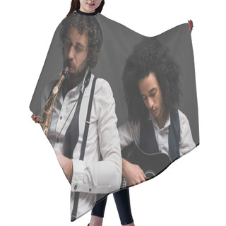 Personality  Duet Of Musicians Playing Sax And Guitar On Black Hair Cutting Cape