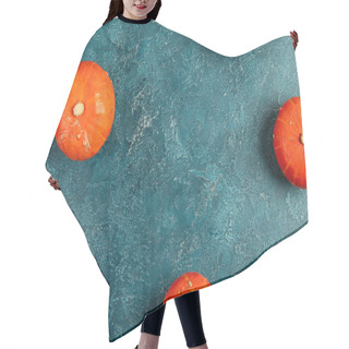 Personality  Thanksgiving Background, Bright Orange Pumpkins On Blue Textured Tabletop, Top-down Perspective Hair Cutting Cape