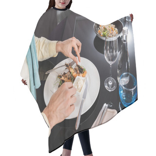 Personality  Cropped View Of Man Sitting Near Delicious Shrimps On Plate In Hotel Room  Hair Cutting Cape