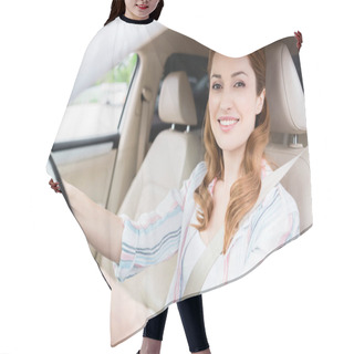 Personality  Side View Of Smiling Woman Looking At Camera While Driving Car Hair Cutting Cape