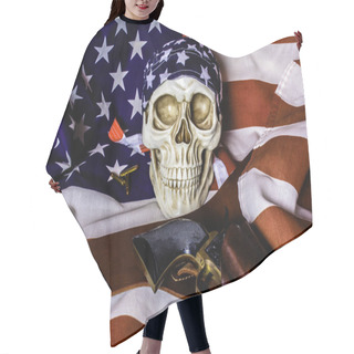 Personality  Human Skull With American Flag Skull Cap And Leather Holster With Black Revolver On American Flag Hair Cutting Cape