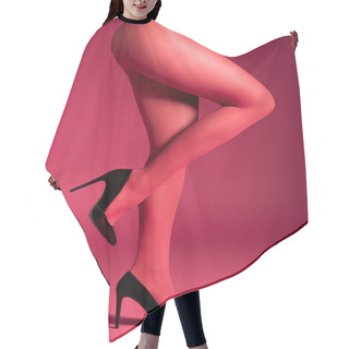 Personality  Woman Posing In Red Pantyhose And Heel Shoes On Red Background Hair Cutting Cape