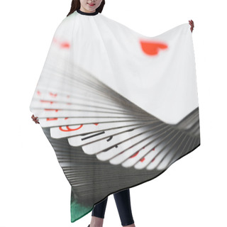 Personality  Selective Focus Of Unfolded Playing Cards On Green Table Hair Cutting Cape