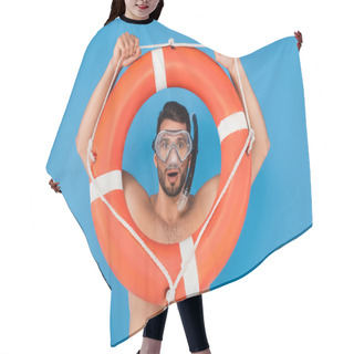 Personality  Excited Man In Swimming Goggles Holding Life Buoy Isolated On Blue  Hair Cutting Cape