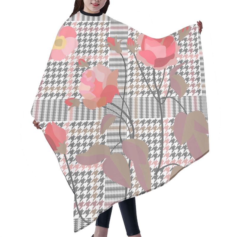 Personality  Retro Style Checkered  Print With Embroidered Roses. Seamless Hounds Tooth Pattern With Victorian Motifs.  Hair Cutting Cape