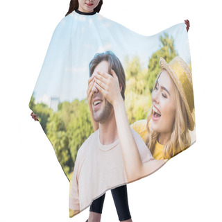 Personality  Side View Of Happy Woman Covering Boyfriends Eyes In Park On Summer Day Hair Cutting Cape