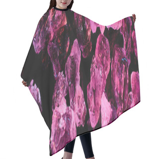 Personality  Panoramic Shot Of Transparent Ice Cubes With Purple Illumination Isolated On Black Hair Cutting Cape