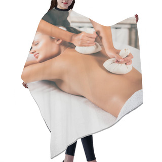 Personality  Relaxing Young Woman Receiving Treatment At Spa Center Hair Cutting Cape