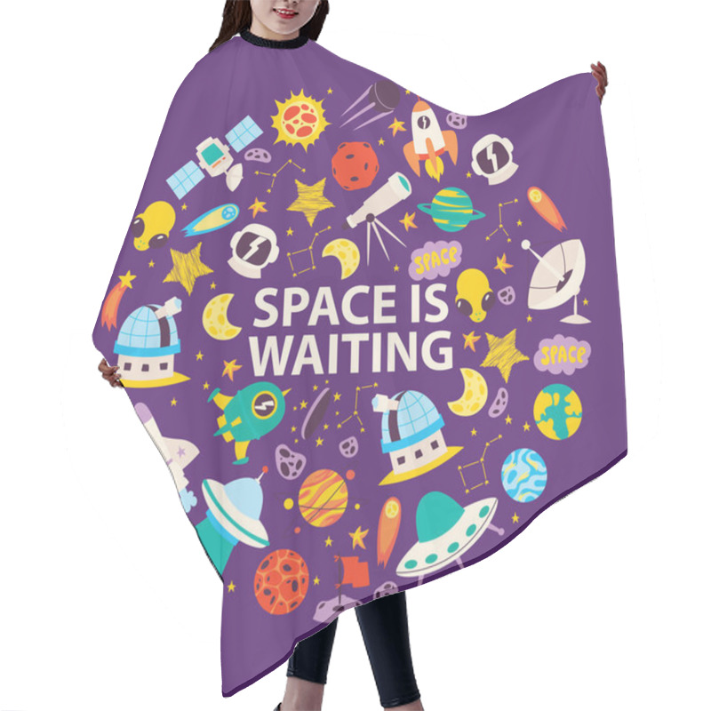 Personality  Space Objects And Planets. Space Is Waiting Poster, Banner. Cartoon Patches Background. Exploring Universe Vector Illustration. Monster Alien And Ufo Spaceship. Hair Cutting Cape
