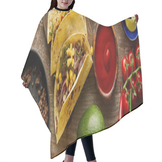 Personality  Top View Of Traditional Mexican Tacos With Ketchup And Ingredients On Wooden Surface, Panoramic Shot Hair Cutting Cape