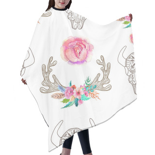 Personality  Doodle Bull Skull And Horns With Watercolor Flowers And Feathers Hair Cutting Cape