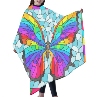 Personality  Illustration In Stained Glass Style With A Bright Rainbow Butterfly On A Blue Background In A Bright Frame, Rectangular Image Hair Cutting Cape
