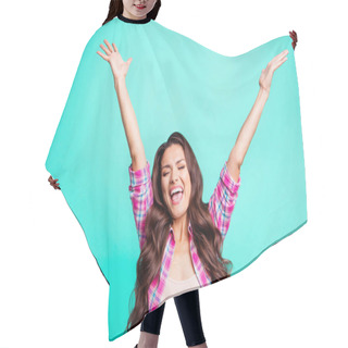Personality  Portrait Of Her She Nice Attractive Cheerful Optimistic Wavy-haired Lady Wearing Checked Shirt Lottery Winner Great Best Raising Hands Up Isolated Over Teal Turquoise Bright Vivid Shine Background Hair Cutting Cape