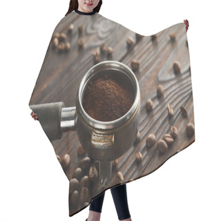 Personality  Portafilter Filled With Fresh Ground Coffee On Dark Wooden Surface With Coffee Beans Hair Cutting Cape