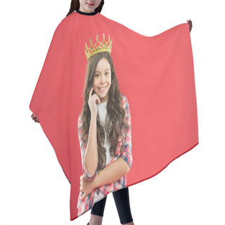 Personality  Source Of Pride. Proud Little Girl Wearing Crown Jewel With Pride On Red Background. Adorable Small Child With Long Curly Hair Feeling Great Pride. Pride Concept Hair Cutting Cape