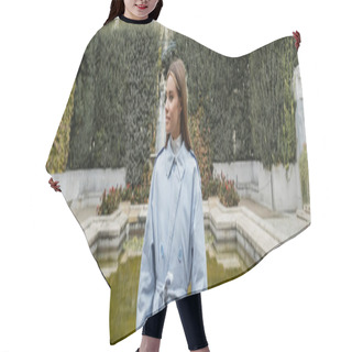 Personality  Young Woman In Blue Trench Coat Standing Near Fountain With Green Water In Park, Banner  Hair Cutting Cape