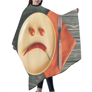 Personality  Sad Smiley Made Of Pepper And Tomatoes On Plate With Fork On Orange Napkin Hair Cutting Cape
