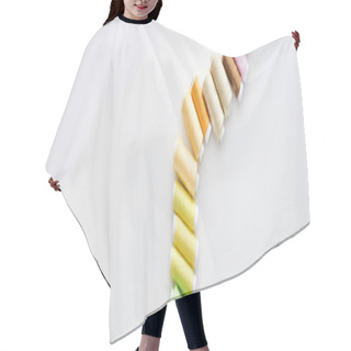 Personality  Panoramic Shot Of Bright And Colorful Threads On White Background  Hair Cutting Cape