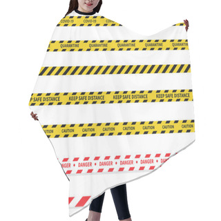 Personality  Warning Covid-19 Quarantine Tapes. Black And Yellow Line Striped. Vector Illustration Hair Cutting Cape