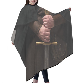 Personality  Cropped View Of Medieval Scottish Knight With Sword In Hands On Grey Background Hair Cutting Cape
