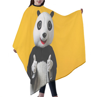 Personality  Person In Happy Panda Bear Costume Showing Thumbs Up Isolated On Yellow  Hair Cutting Cape