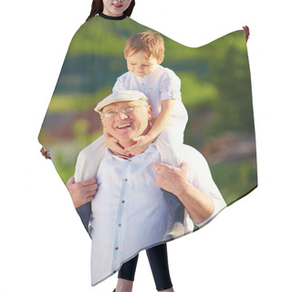 Personality  Happy Grandson Sitting On Shoulders Of Grandpa, Countryside Hair Cutting Cape