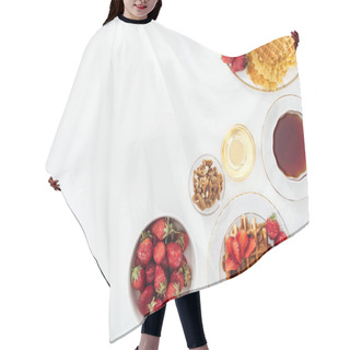 Personality  Top View Of Tasty Breakfast With Strawberries And Waffles On White Hair Cutting Cape