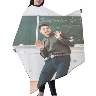 Personality  Crumpled Paper Balls Flying At Frightened Male Teacher In Classroom With Chalkboard On Background Hair Cutting Cape