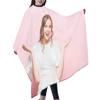 Personality  Beautiful Woman Looking Suprised Isolated On Pink Hair Cutting Cape