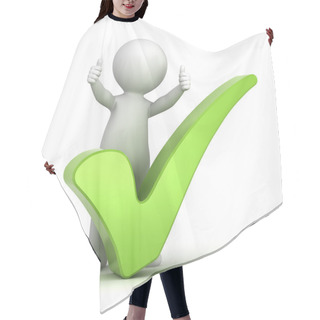 Personality  3d Man Showing Thumbs Up With Green Check Mark Over White Hair Cutting Cape