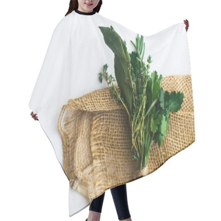 Personality  Bouquet Garni With Bay Leaves And Fresh Herbs De Provence On Rustic Towel On White Background With Copy Space Hair Cutting Cape