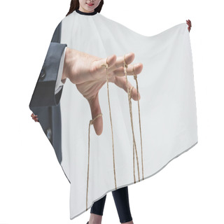 Personality  Cropped View Of Puppeteer With Strings On Fingers Isolated On Grey Hair Cutting Cape