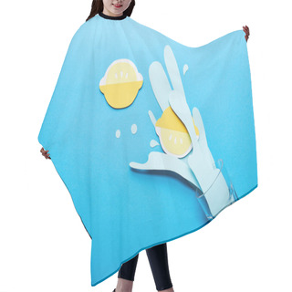 Personality  Top View Of Glass With Paper Cut Water Splash And Lemons On Blue Background With Copy Space Hair Cutting Cape