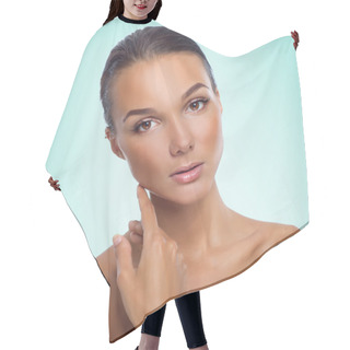 Personality  Portrait Of A Beautiful Tanned Woman Hair Cutting Cape