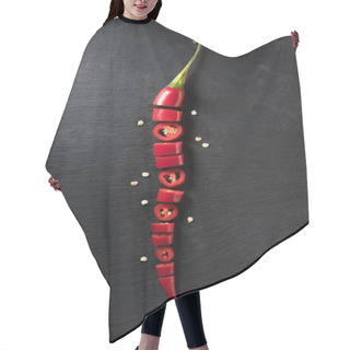 Personality  Top View Of Cut Red Ripe Chili Pepper On Black Surface  Hair Cutting Cape