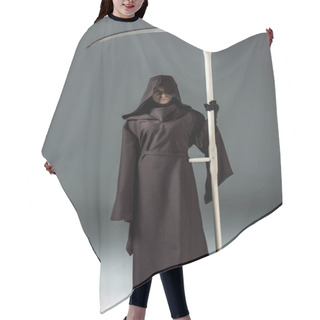 Personality  Full Length View Of Woman In Death Costume Holding Scythe On Grey Hair Cutting Cape